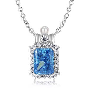 Collier en argent S925 avec pendentif diamant bleu rectangulaire et nœud en perle