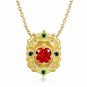 925 Sterling Silver 14K Gold Plated Vintage Red Zirconia Pendant Necklace For Women Retro Geometric Clavicle Chain Jewelry