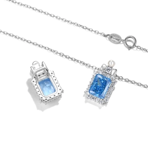 Collier en argent S925 avec cristal bleu à coupe radiant et accent de perle