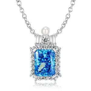 Collier Pendentif en Argent Sterling 925 avec Zircone Bleue Coupe Radiante pour Femme Elégant Künstliche Perle Nœud Papillon Bijou
