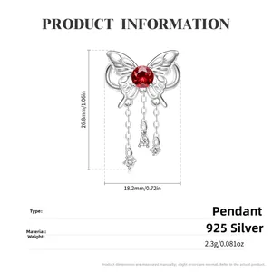 925 sterling silver butterfly charm with red gemstone and hanging tassel chains