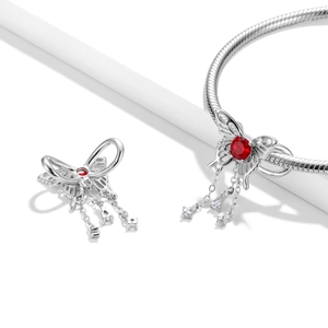 S925 sterling silver butterfly bead charm with red gemstone and dangling zirconia tassels
