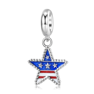 S925 sterling silver pentagram star charm with American flag enamel for DIY bracelets