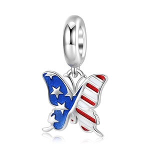 S925 sterling silver butterfly charm with American flag enamel for bead bracelets