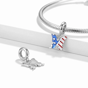 S925 sterling silver butterfly charm with American flag enamel for charm bracelets