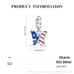 American flag butterfly charm in S925 silver, 18.6mm height for DIY bracelets