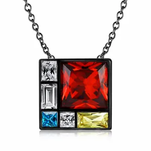 Collier Pendentif Zirconia Multicolore Géométrique en Argent Sterling 925 Plaqué Or Noir Bijoux de Commute pour Femmes Hommes