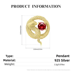 Ciondolo a serpente in oro satinato 14k in argento 925 con zircone rosso