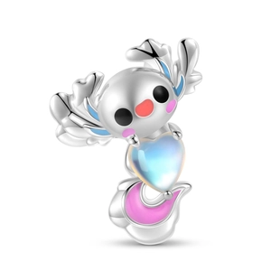 Cute S925 sterling silver axolotl necklace with blue heart moonstone and pink enamel