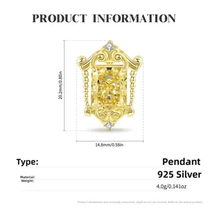S925 sterling silver necklace with yellow rectangular radiant cut carbon diamond pendant