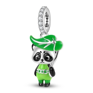 Charm Pendente Panda Carino con Ombrello a Foglia di Loto in Argento Sterling 925 Smalto Verde Zirconia per Bracciale Fai-da-te