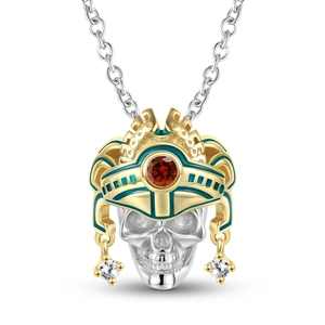 Tribal skull necklace in S925 sterling silver with gold helmet and red gemstone inlay