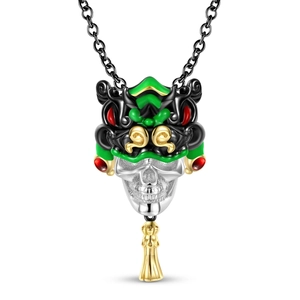 Collana con teschio danza del leone in argento S925 con smalto colorato e nappe dorate