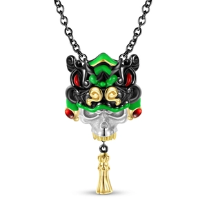Collana con teschio leone danza argento S925 con smalto colorato e nappe dorate uniche