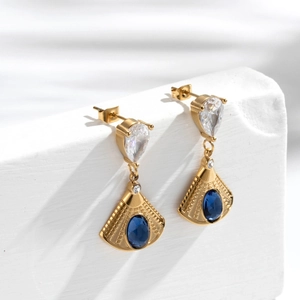 Elegant gold titanium steel fan-shaped earrings featuring blue stones and zircon crystals