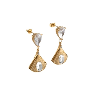 Elegant gold-tone fan-shaped drop earrings with teardrop zirconia and textured detail