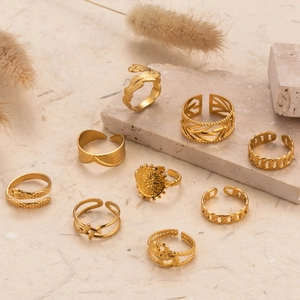 9-teiliges verstellbares Edelstahl-Ring-Set in Gold mit Blatt- und Münzmotiven
