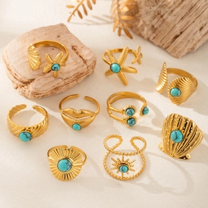 Anello Regolabile Aperto in Acciaio Inossidabile per Donna Placcato Oro Bohemian Marine Stella Marina Conchiglia Sole Labbra Gioielli Strass Regalo