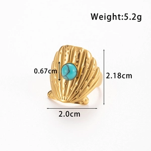 Anello a conchiglia in acciaio inossidabile dorato con turchese e trama a onde
