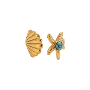 Anello regolabile dorato con stella marina e conchiglia con intarsio in occhio di tigre