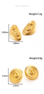 Detail showing dimensions of spiral gold drop and round textured steel earrings