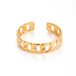 Bracciale rigido aperto in acciaio inossidabile dorato con maglia cubana e cuori
