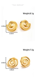 Detailed view of spiral stainless steel gold earrings with precise weight and size specs