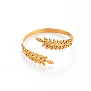 Bracciale rigido aperto in acciaio inossidabile dorato regolabile con motivo a foglie