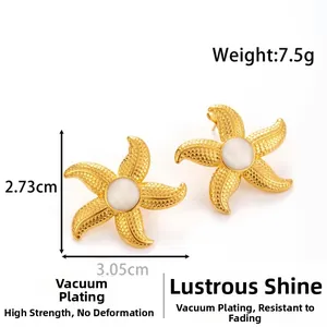 Detailed view of gold vacuum-plated starfish earrings with white beads and metal texture