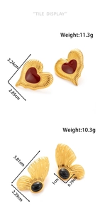 Detailed tile display of heart and fan earrings with exact size and weight dimensions