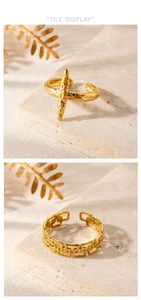 Detail of adjustable gold cross textured and geometric rectangle hollow rings