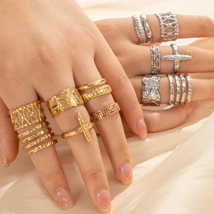 Ins Style Titanium Steel Cross Lines Geometric Open Adjustable Ring For Women Men Vintage Metal Textured Gold Silver Ring