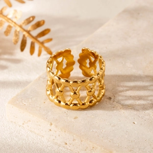 Adjustable gold stainless steel ring with hollow woven mesh and wave design
