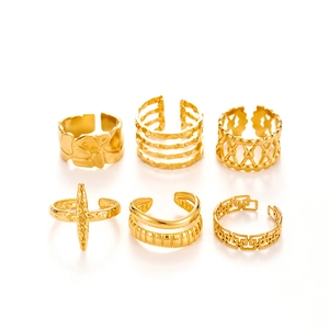 6-piece set of golden stainless steel cross rings with adjustable open band design