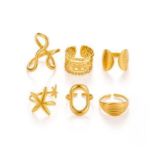 Set di 6 anelli regolabili in acciaio inossidabile dorato con design geometrici e conchiglie