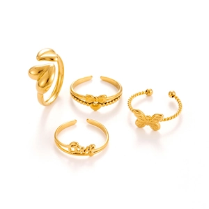 4er-Set verstellbare goldene Edelstahlringe mit Herz, Schleife und Love-Gravur