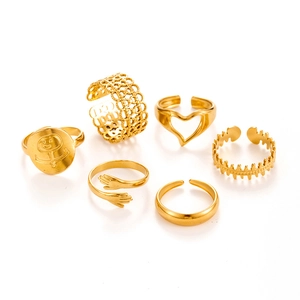 6-piece gold stainless steel ring set with heart, embrace, and geometric abstract designs