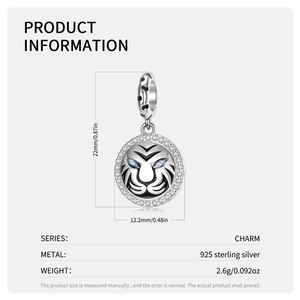 925 sterling silver white tiger charm with blue eyes and zircon stones, 22mm x 12.2mm