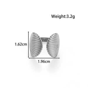 Silver stainless steel open ring featuring a delicate double seashell carving design
