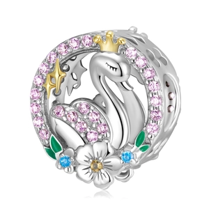 S925 Sterling Silber Schwan Charm Perle mit rosa Kristallen und Emaille-Blume