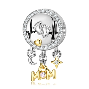 S925 sterling silver heartbeat footprint charm with MOM pendant and pink zircon