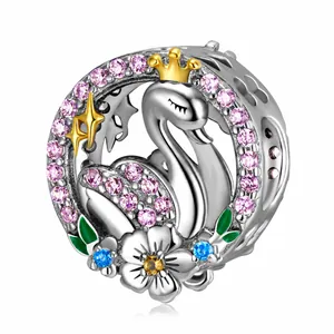 Charm Perla in Argento Sterling S925 a Forma di Cigno Con Zirconia Rosa Corona Fiore Ciondolo per Bracciale Collana Donna