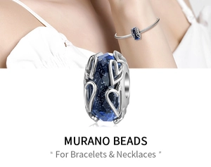 Detailed view of S925 sterling silver hollow heart bead with blue starry Murano glass