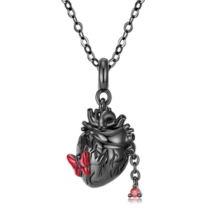 Halskette mit anatomischem Herz aus schwarzem S925 Silber, roter Schleife und Stein