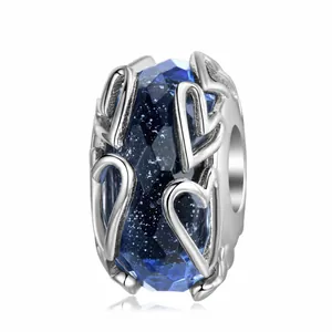 925 Sterling Silver Murano Glass Charm Deep Blue Starry Heart Hollow DIY Bead For Bracelet Necklace Fine Jewelry Women