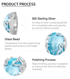 Detailed macro view of S925 sterling silver and light blue glass charm with glitter