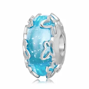 925 Sterling Silver Butterfly Hollowed Out Glass Charm Bead Blue Starry Glitter DIY Accessories For Bracelet Jewelry