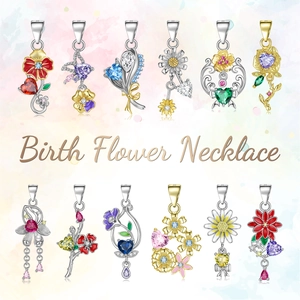 S925 sterling silver birth flower pendants set featuring colorful zircon and enamel