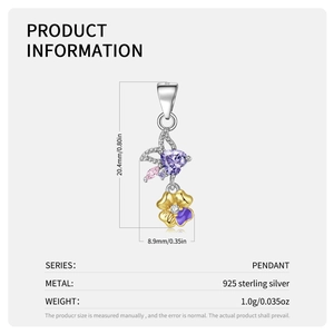 Detail of S925 silver necklace pendant with purple zircon butterfly and yellow enamel flower