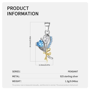 Detailed technical diagram of silver floral pendant with blue gems and dimensions